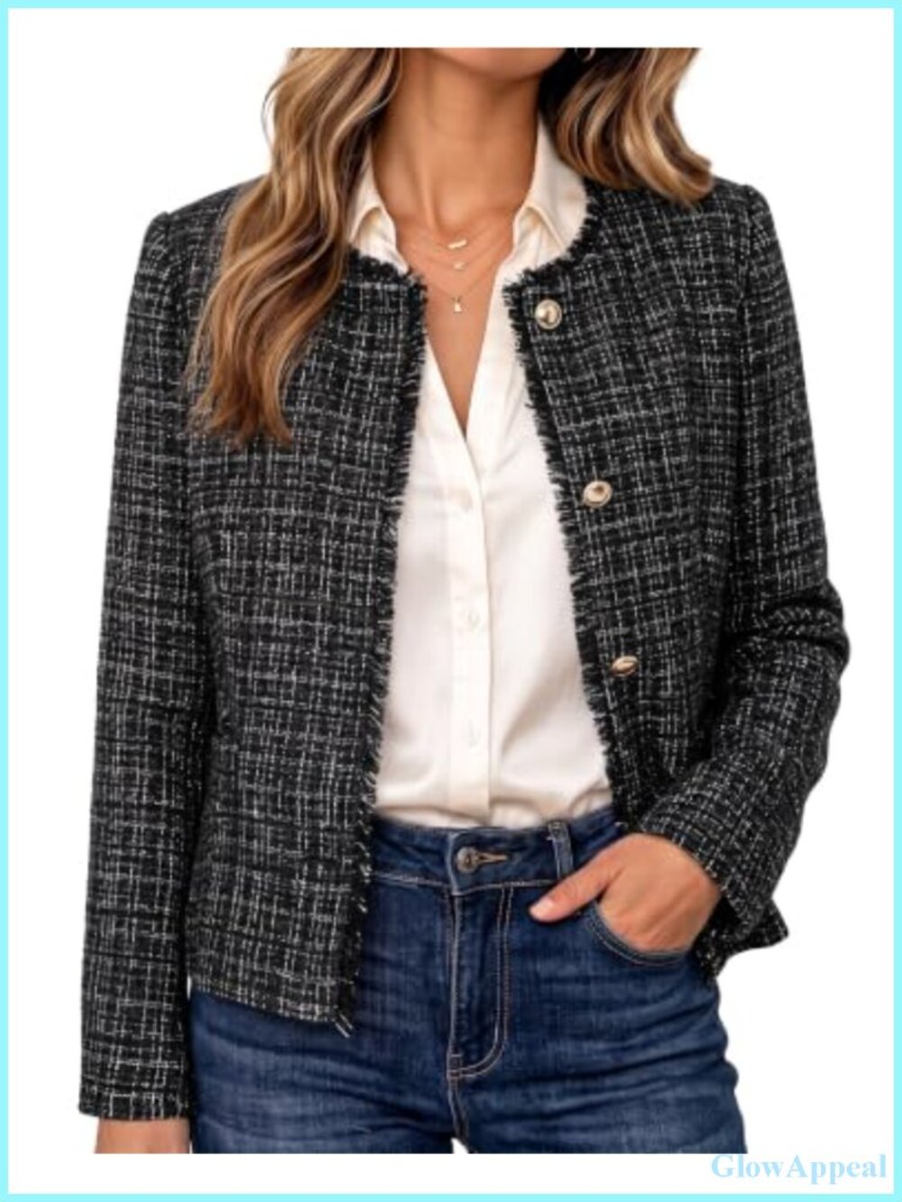 Tweed Blazer Collarless Crew Neck Button Front Pockets Woven Plaid Work Jacket